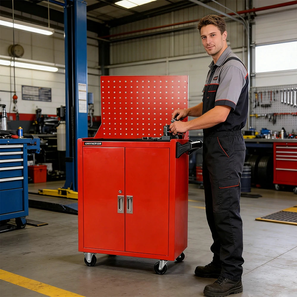 GROVIA Heavy Duty Tool Cabinet Pegboard Back Panel Lockable Mobile Storage 630x400x1310mm Workshop Garage Trolley - Red