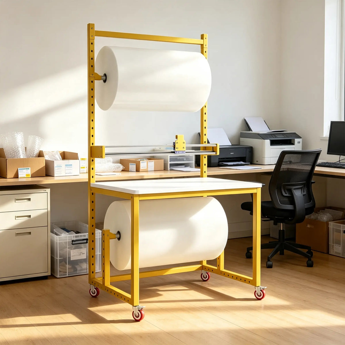 GROVIA Single Shaft Single Blade Cutting Rack 120/150cm Roll Material Stand with Adjustable Steel Frame for Packing Station Warehouse - Yellow
