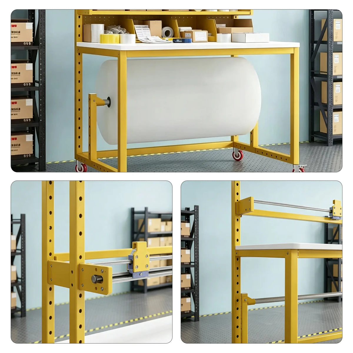 GROVIA Single Shaft Single Blade Cutting Rack 120/150cm Roll Material Stand with Adjustable Steel Frame for Packing Station Warehouse - Yellow