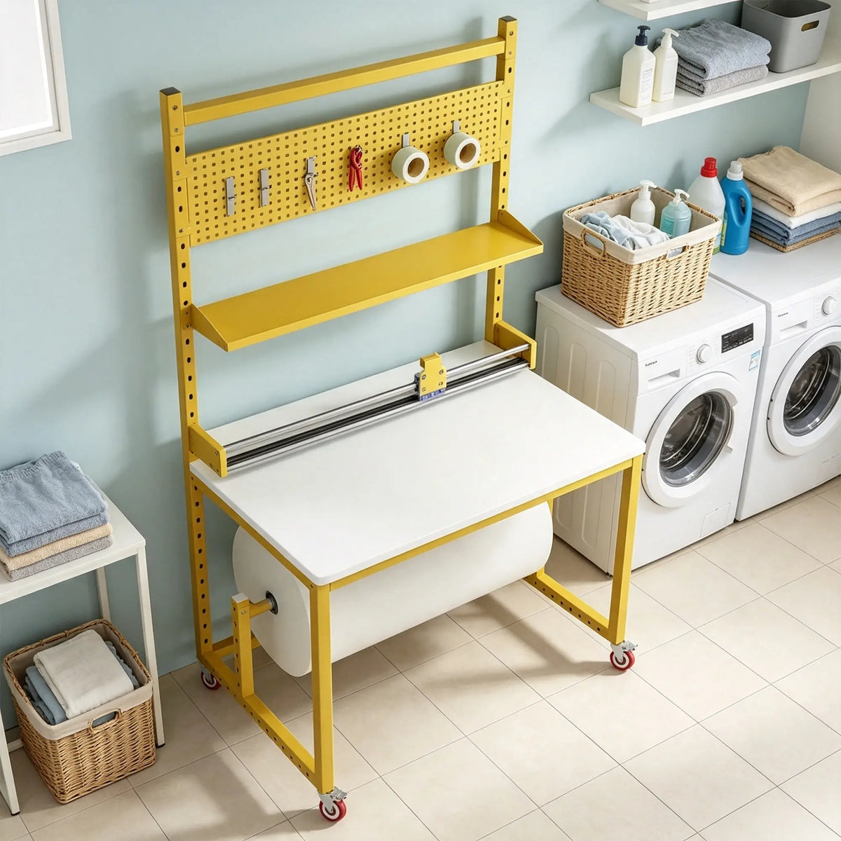 GROVIA Single Shaft Cutting Rack 120/150cm with Pegboard Shelf Roll Holder and Steel Frame for Packing Station Warehouse - Yellow