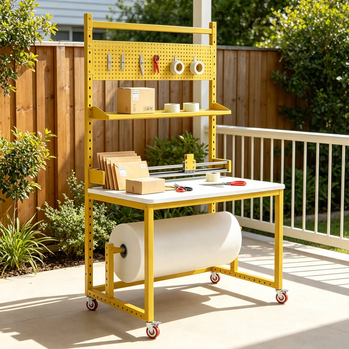 GROVIA Single Shaft Cutting Rack 120/150cm with Pegboard Shelf Roll Holder and Steel Frame for Packing Station Warehouse - Yellow