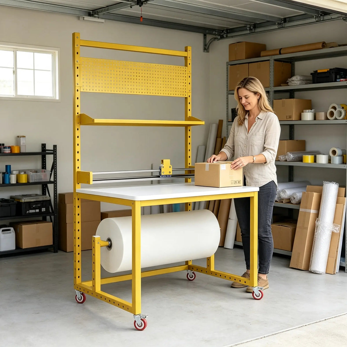 GROVIA Single Shaft Cutting Rack 120/150cm with Pegboard Shelf Roll Holder and Steel Frame for Packing Station Warehouse - Yellow