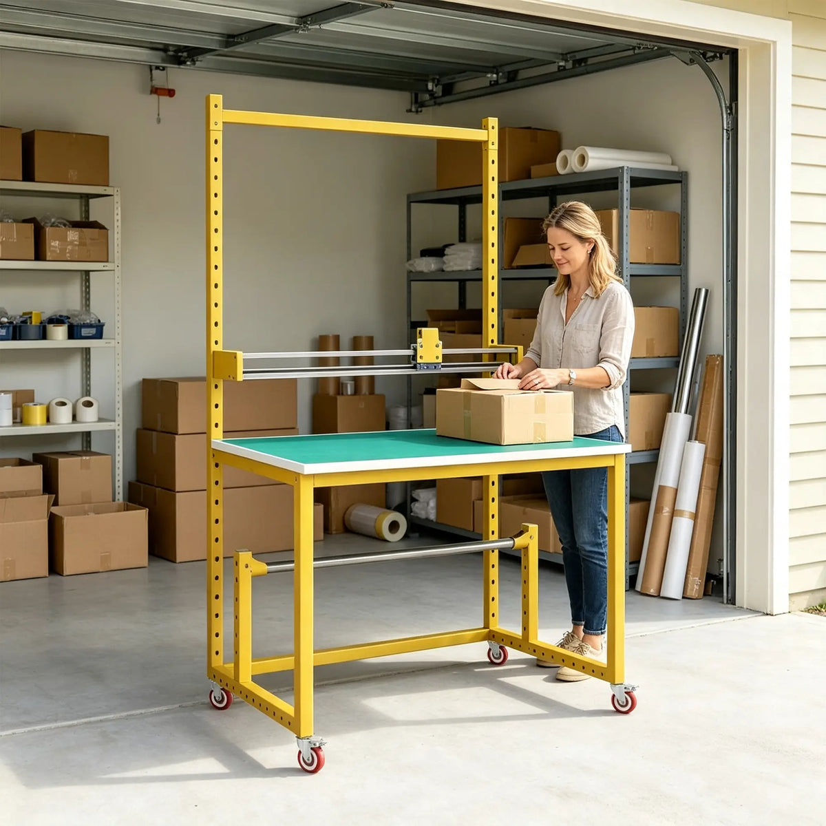 GROVIA Single Shaft Single Blade Cutting Rack Steel Frame Roll Holder Workbench for Packing Station Warehouse - Yellow