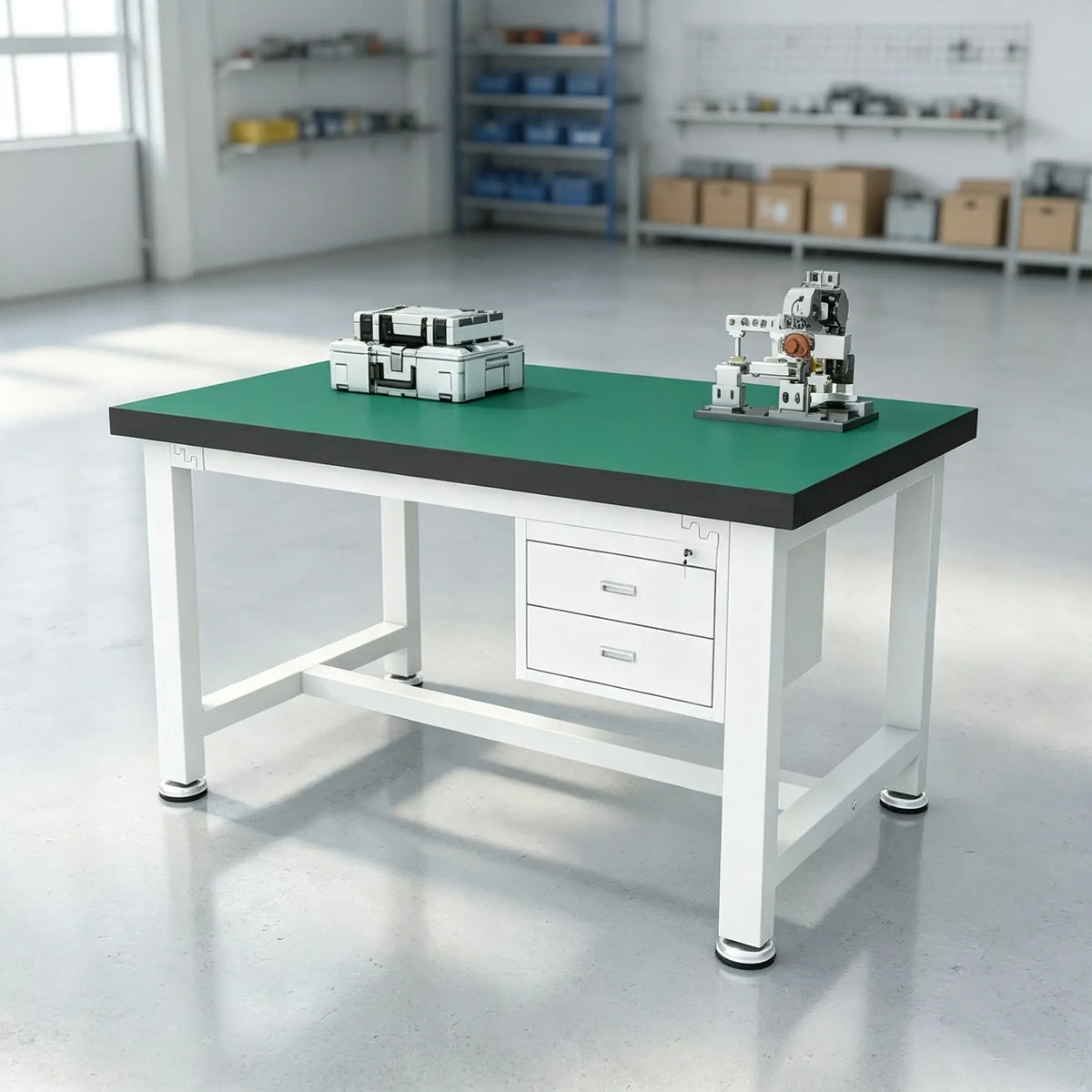 GROVIA Heavy Duty Workbench with 2 Drawer Cabinet Reinforced Steel Frame Industrial Work Table for Workshop Warehouse - White