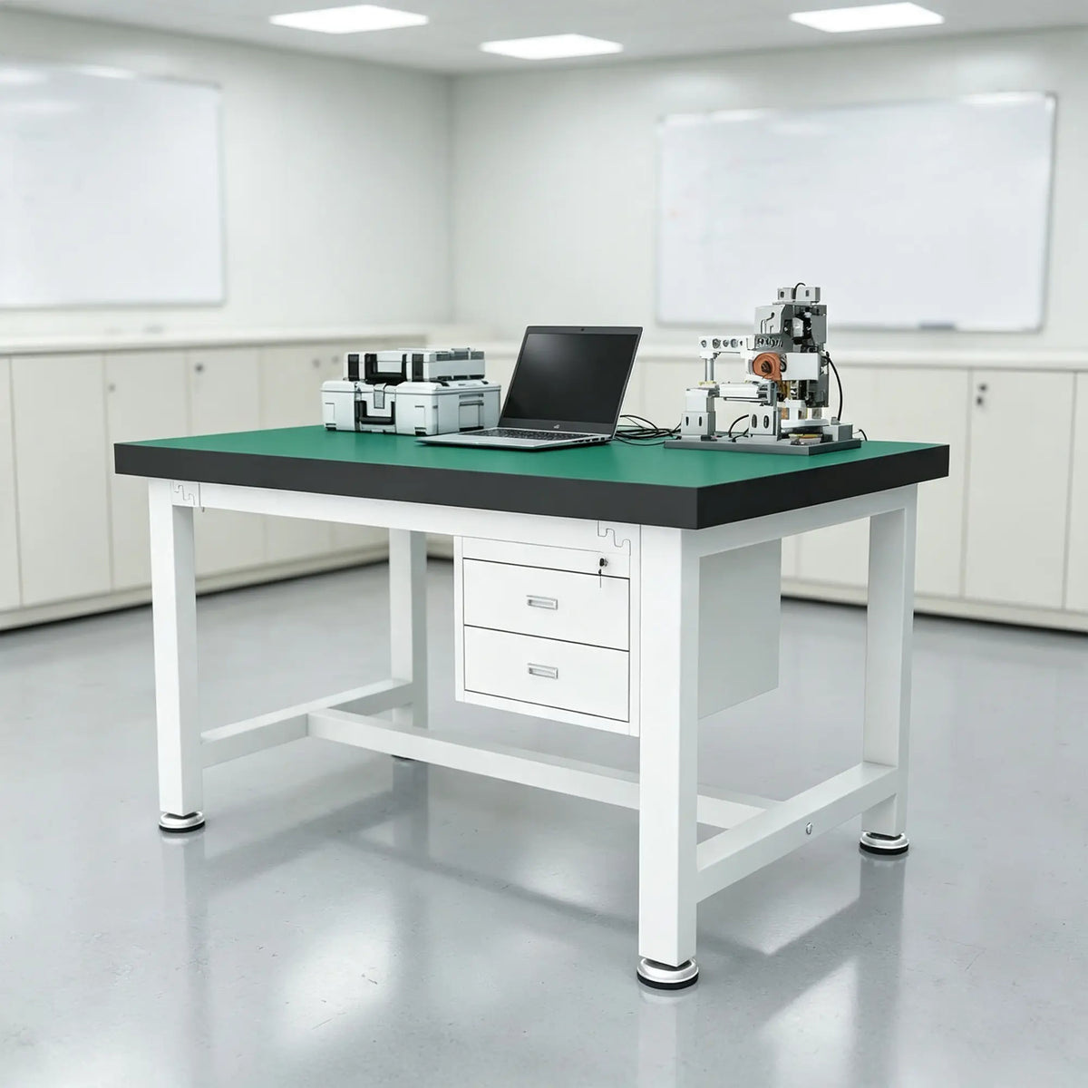 GROVIA Heavy Duty Workbench with 2 Drawer Cabinet Reinforced Steel Frame Industrial Work Table for Workshop Warehouse - White