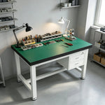 GROVIA Heavy Duty Workbench with 2 Drawer Cabinet Reinforced Steel Frame Industrial Work Table for Workshop Warehouse - White