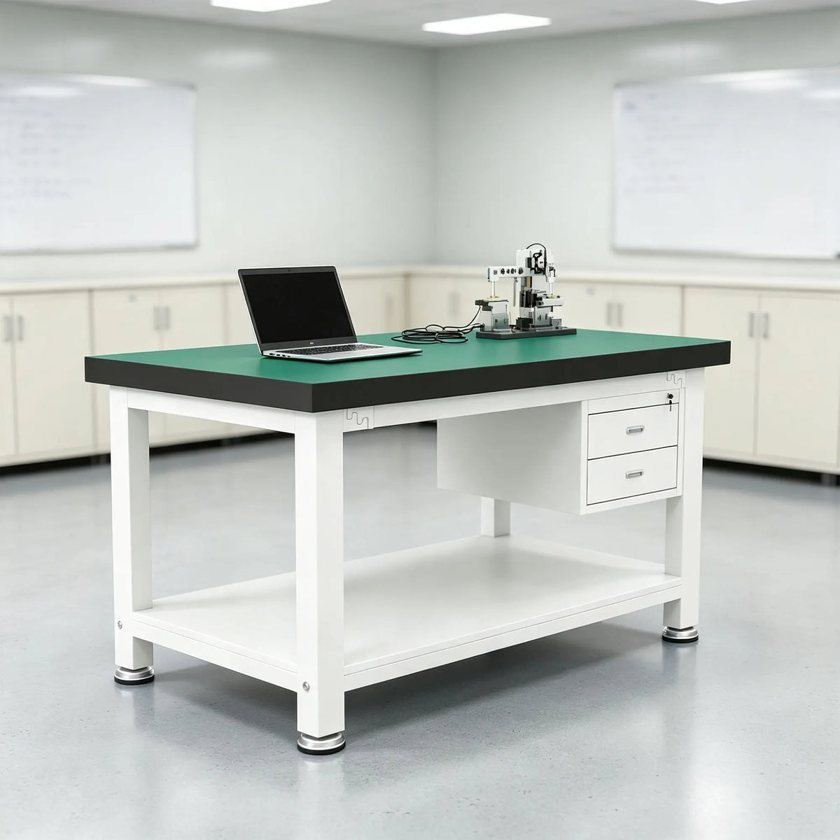 GROVIA Double Layer Heavy Duty Workbench with 2 Drawer Cabinet Reinforced Steel Frame Workshop Repair Table - White