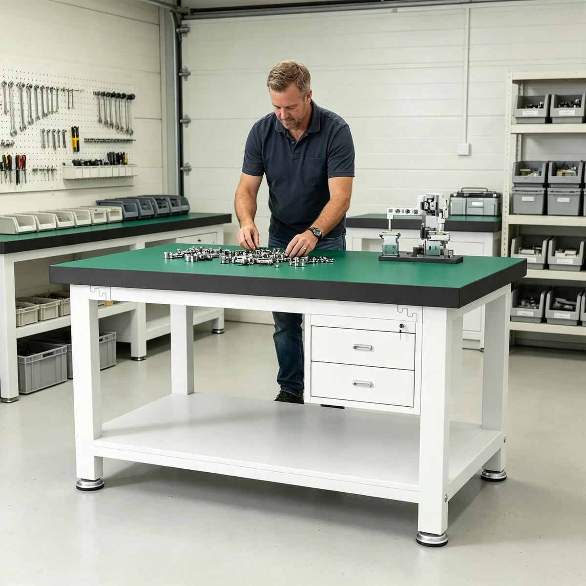 GROVIA Double Layer Heavy Duty Workbench with 2 Drawer Cabinet Reinforced Steel Frame Workshop Repair Table - White