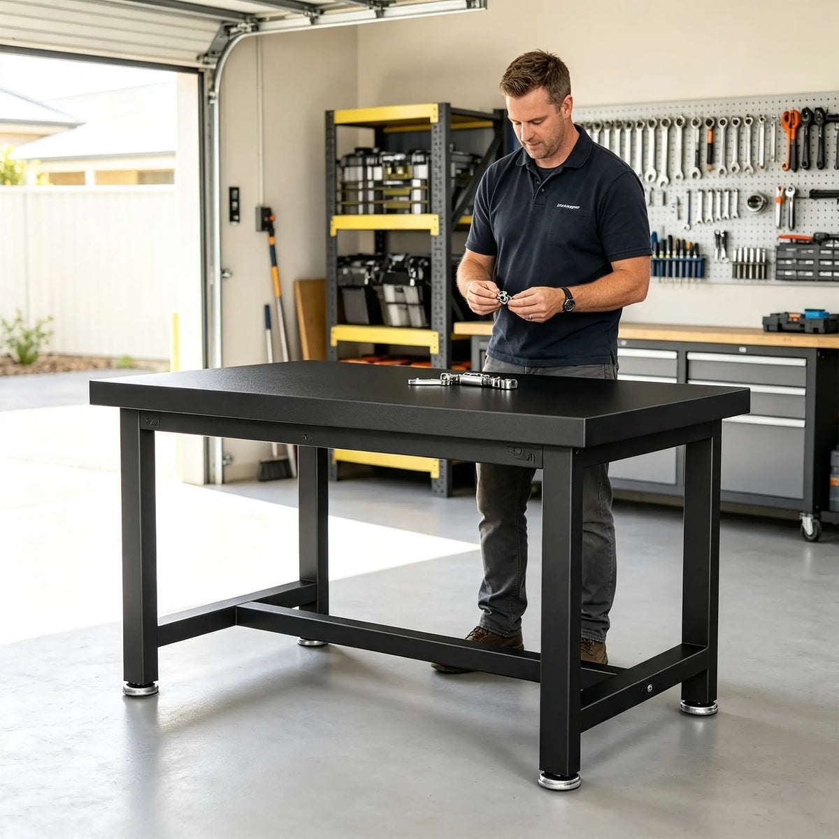 GROVIA Heavy Duty Workbench Reinforced Steel Frame Industrial Work Table for Workshop Garage Repair Station - Black