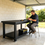 GROVIA Double Layer Heavy Duty Workbench Reinforced Steel Frame Industrial Work Table for Workshop Laboratory Garage - Black