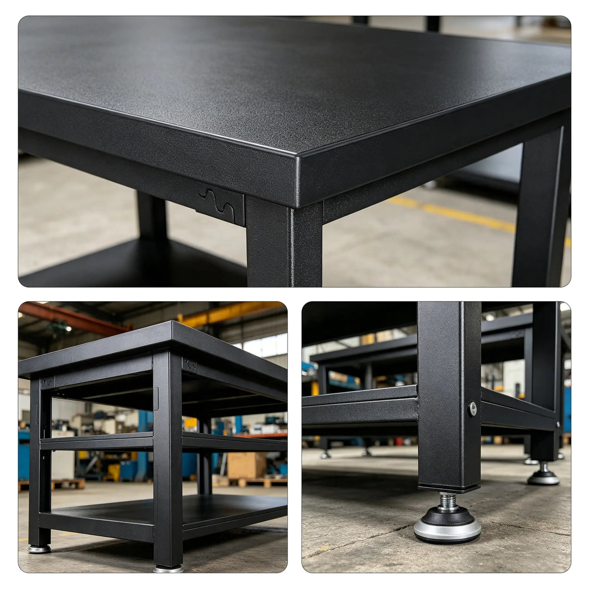 GROVIA Double Layer Heavy Duty Workbench Reinforced Steel Frame Industrial Work Table for Workshop Laboratory Garage - Black