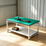 GROVIA Double Layer Aluminium Workbench Reinforced Frame Industrial Work Table with Storage Shelf for Workshop Factory - Silver