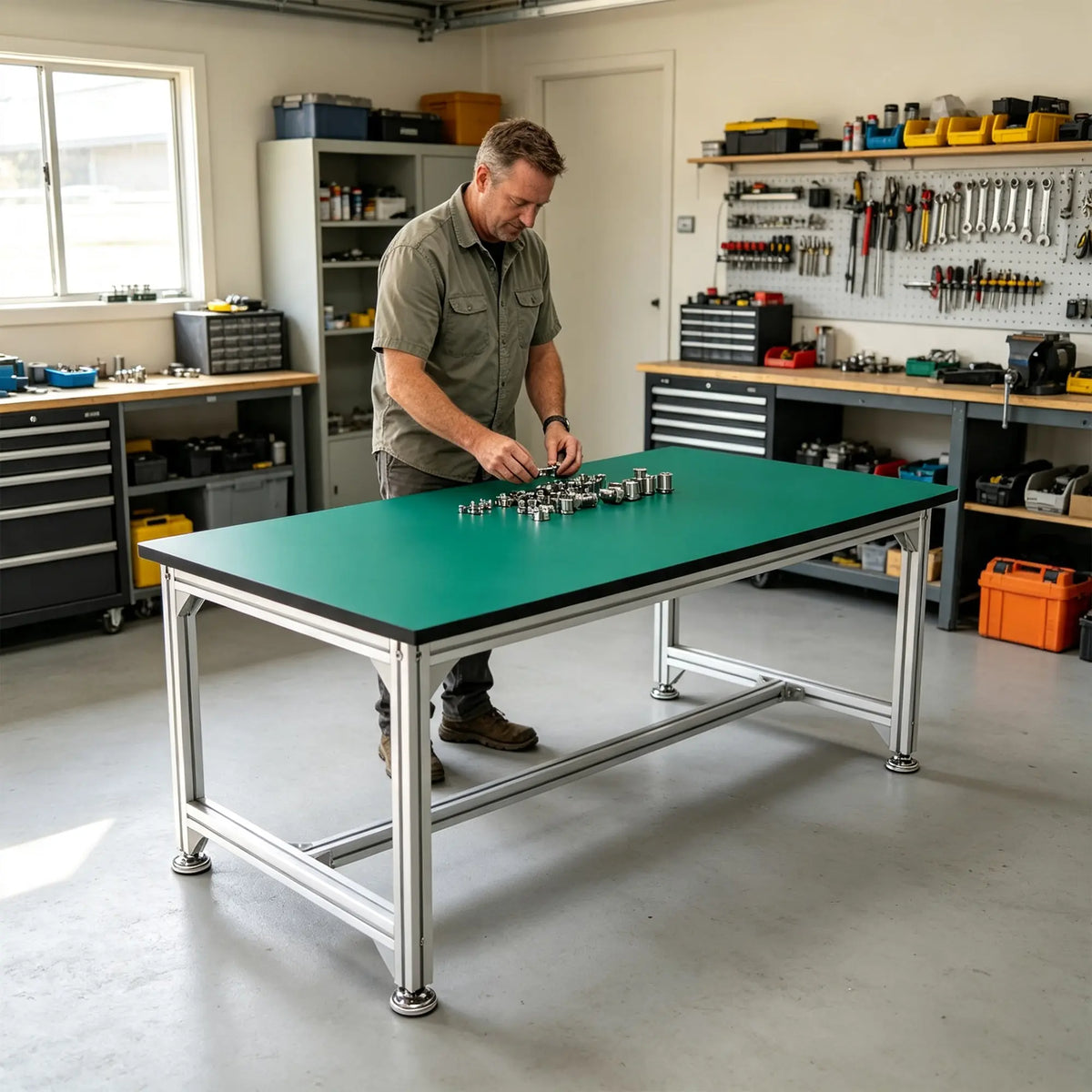 GROVIA Single Layer 6 Leg Aluminium Workbench Reinforced Frame Industrial Work Table for Workshop Factory - Silver