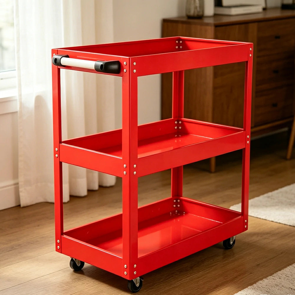 GROVIA Heavy Duty 3 Tier Tool Trolley Large Size Brake Wheels 700x355x760mm Workshop Garage Storage Cart - Red