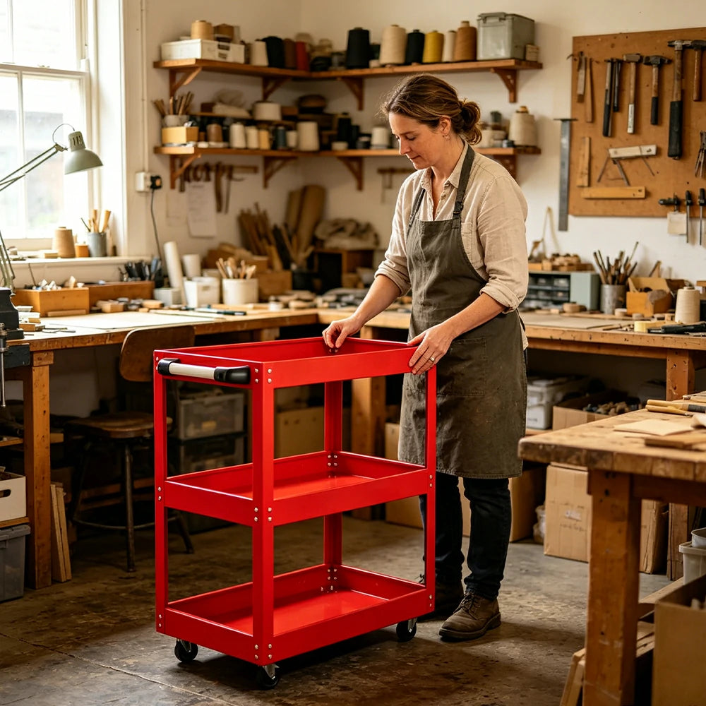 GROVIA Heavy Duty 3 Tier Tool Trolley Large Size Brake Wheels 700x355x760mm Workshop Garage Storage Cart - Red