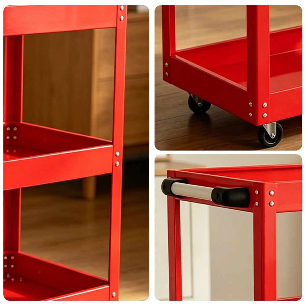 GROVIA Heavy Duty 3 Tier Tool Trolley Large Size Brake Wheels 700x355x760mm Workshop Garage Storage Cart - Red