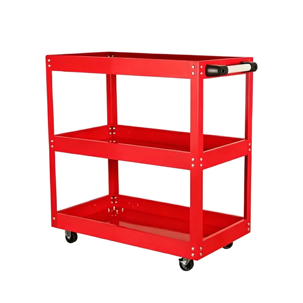 GROVIA Heavy Duty 3 Tier Tool Trolley Large Size Brake Wheels 700x355x760mm Workshop Garage Storage Cart - Red