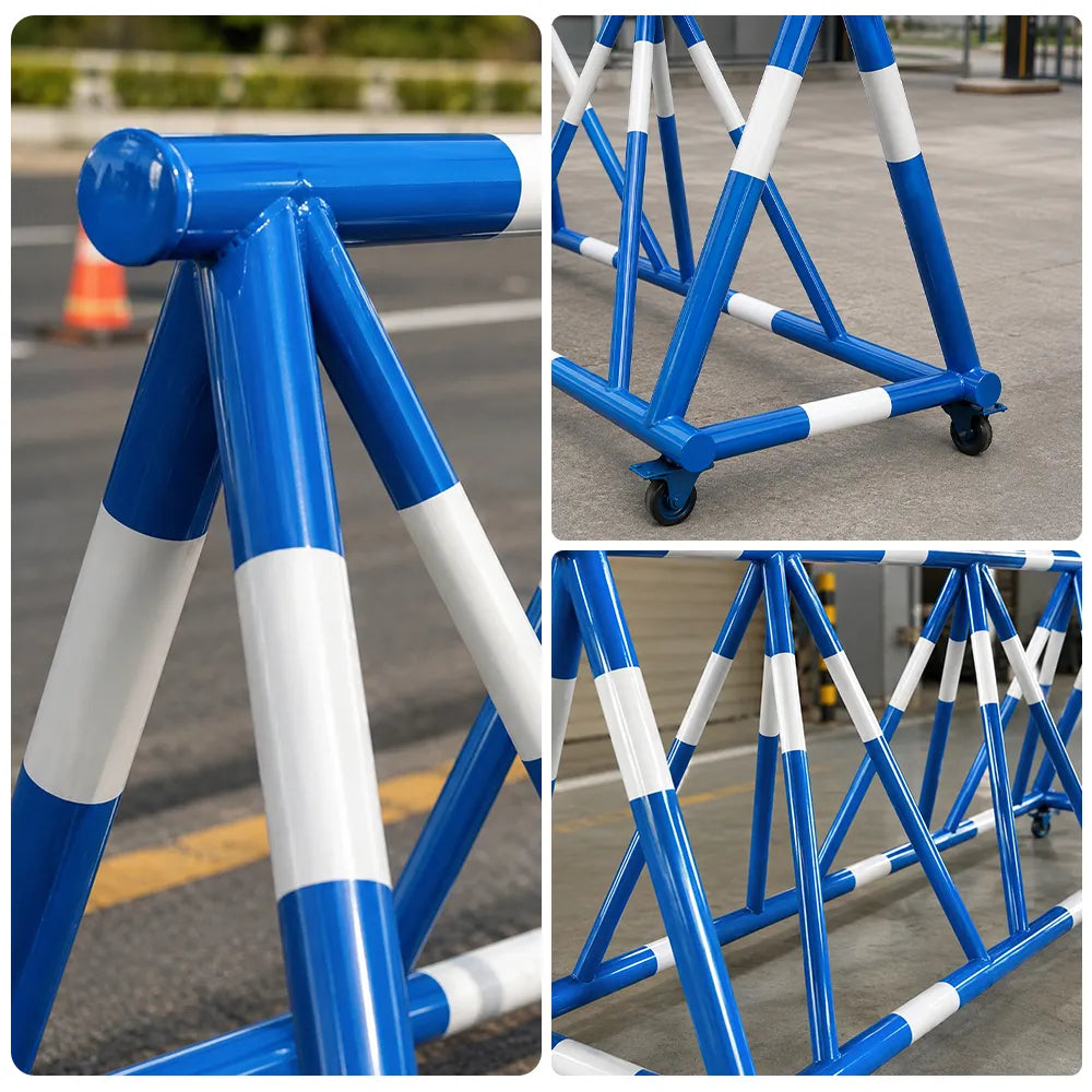 GROVIA Mobile Safety Barricade 3/4m Heavy Duty Steel Road Barrier with Yellow Black Warning Design for Construction Area - Blue & White