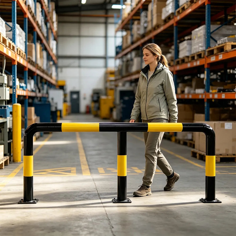 GROVIA M Type Safety Barrier 150cm Heavy Duty Steel Crash Guard Rail with Yellow Black Warning Design for Parking Area - Yellow & Black