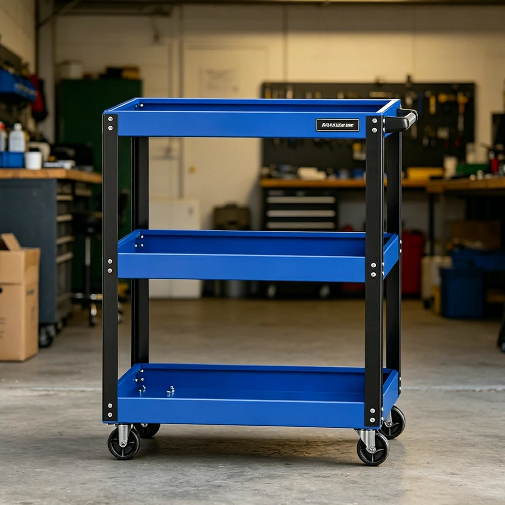 GROVIA Heavy Duty 3 Tier Tool Trolley Large Size Brake Wheels 730x355x760mm Workshop Garage Storage Cart - Blue & Black