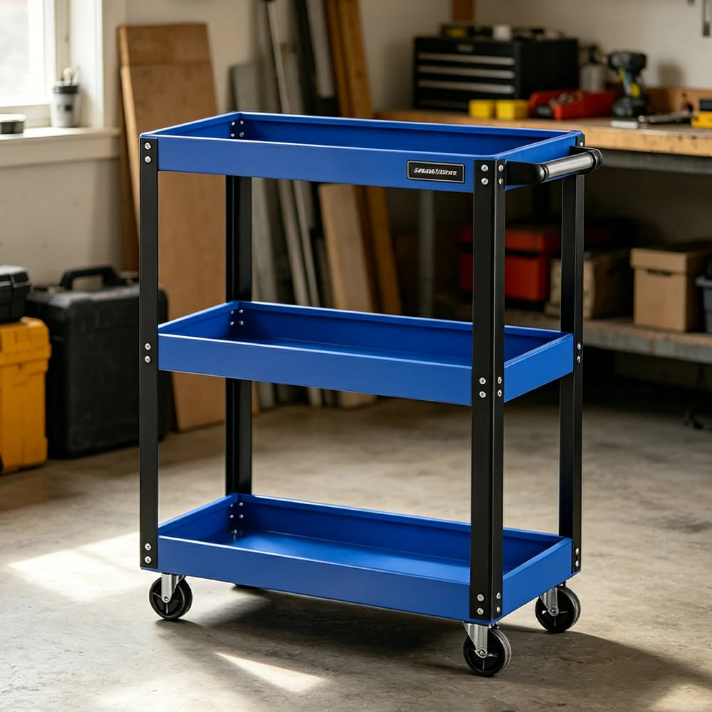 GROVIA Heavy Duty 3 Tier Tool Trolley Large Size Brake Wheels 730x355x760mm Workshop Garage Storage Cart - Blue & Black