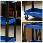 GROVIA Heavy Duty 3 Tier Tool Trolley Large Size Brake Wheels 730x355x760mm Workshop Garage Storage Cart - Blue & Black