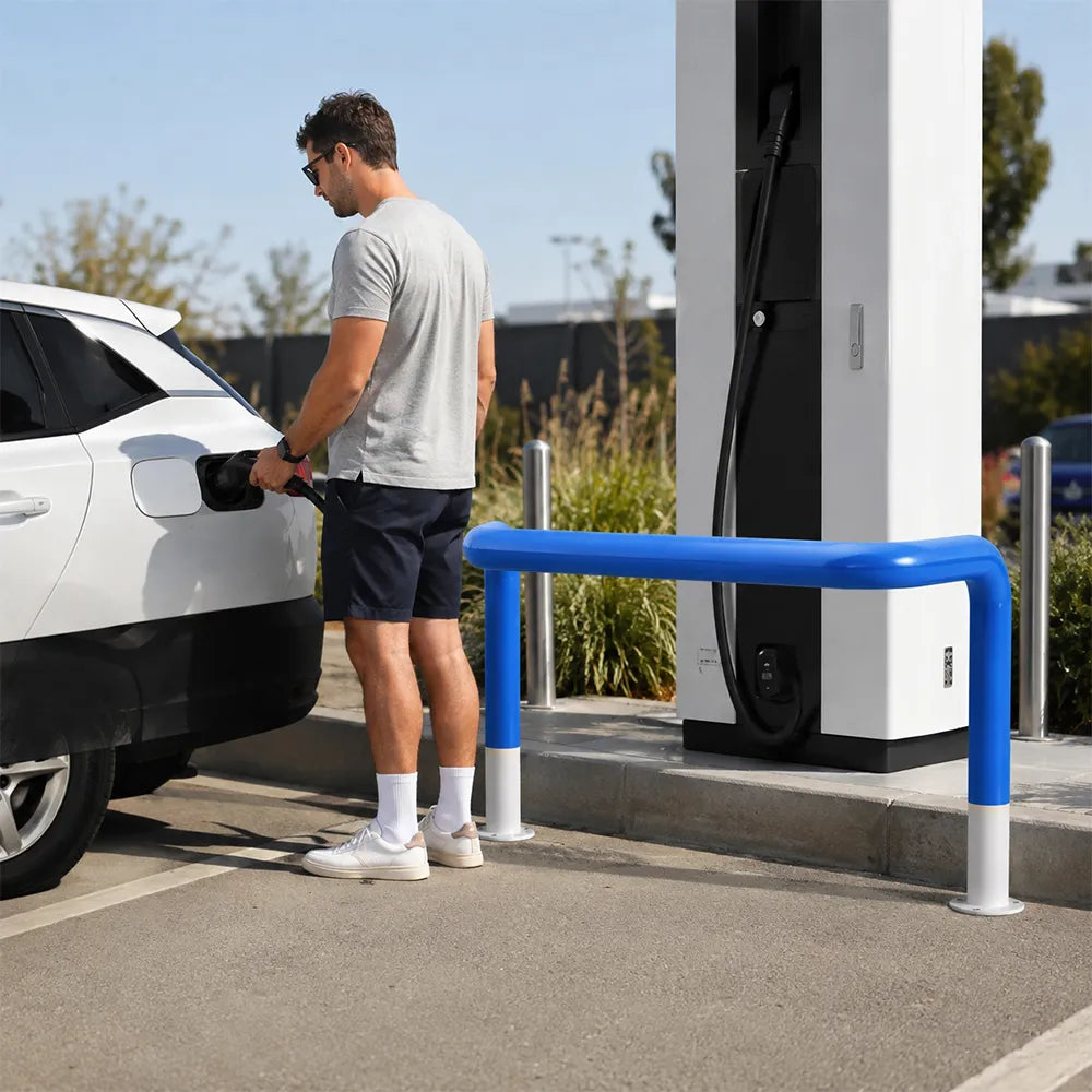 GROVIA Safety Barrier 100/120cm Heavy Duty Steel Crash Guard Rail with Blue White Warning Design for Parking Area Protection - Blue & White