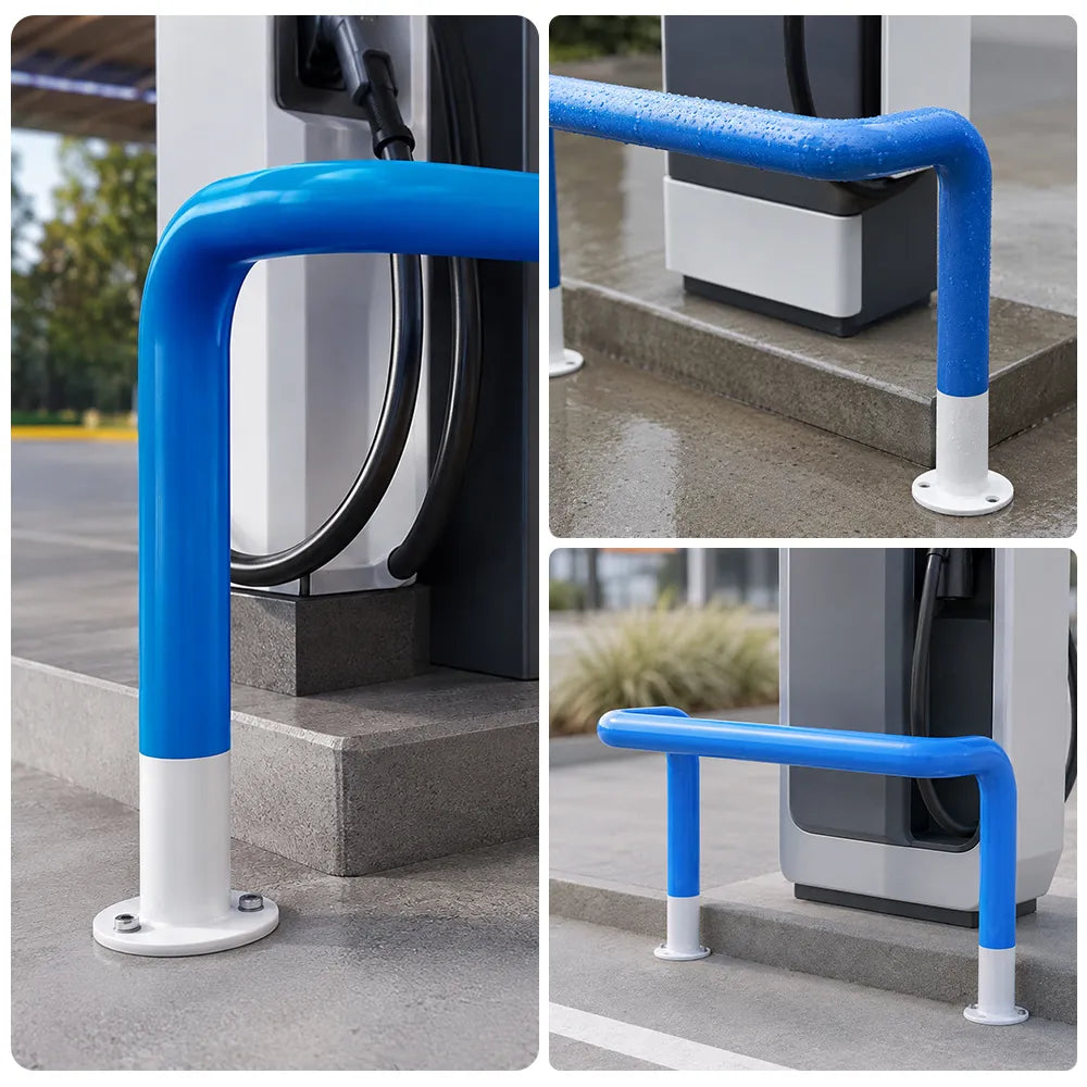 GROVIA Safety Barrier 100/120cm Heavy Duty Steel Crash Guard Rail with Blue White Warning Design for Parking Area Protection - Blue & White