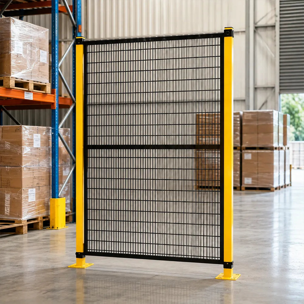 GROVIA Safety Mesh Fence 2m Height x 1.2m Width Steel Security Barrier with Yellow Posts for Factory Warehouse Partition - Black & Yellow