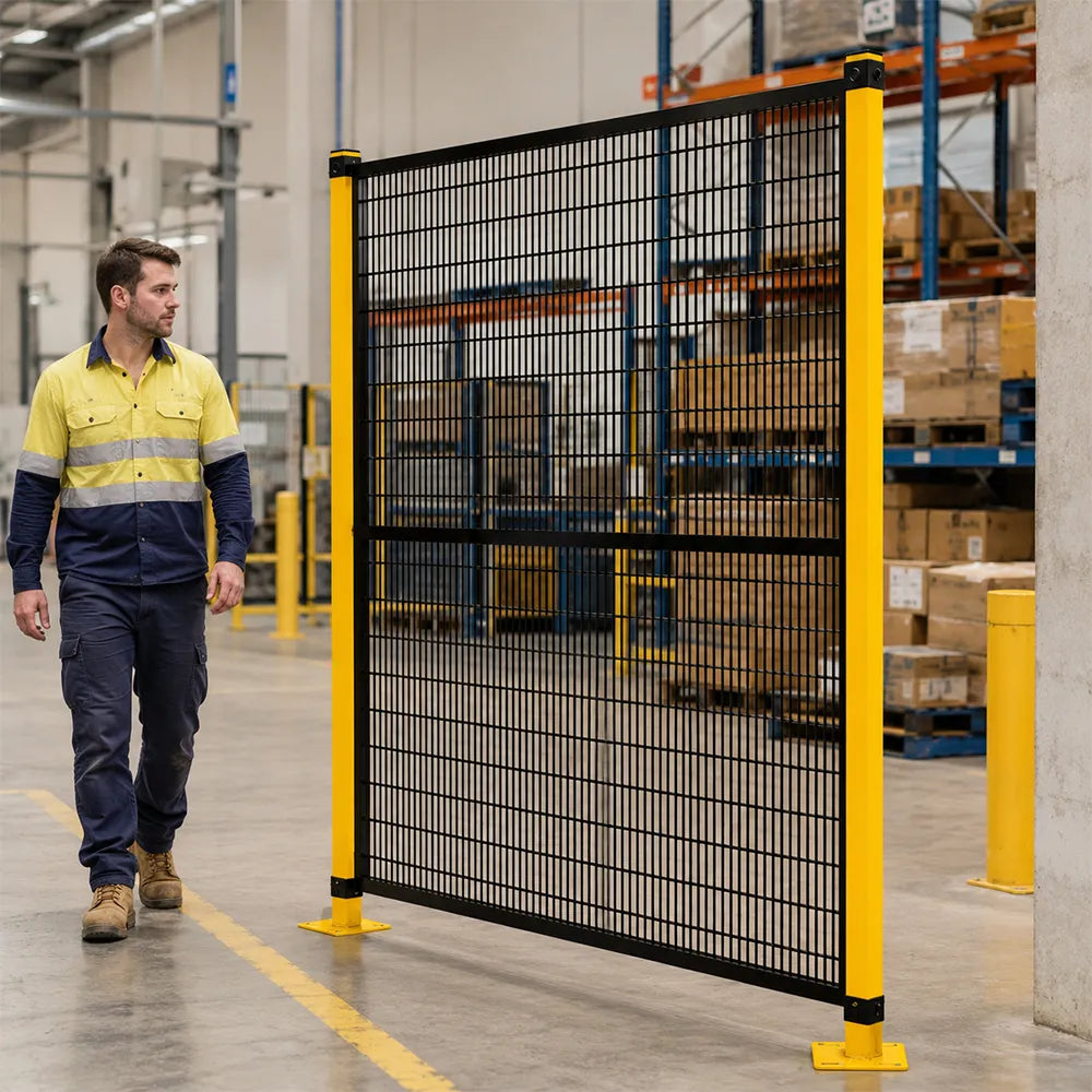 GROVIA Safety Mesh Fence 2m Height x 1.2m Width Steel Security Barrier with Yellow Posts for Factory Warehouse Partition - Black & Yellow