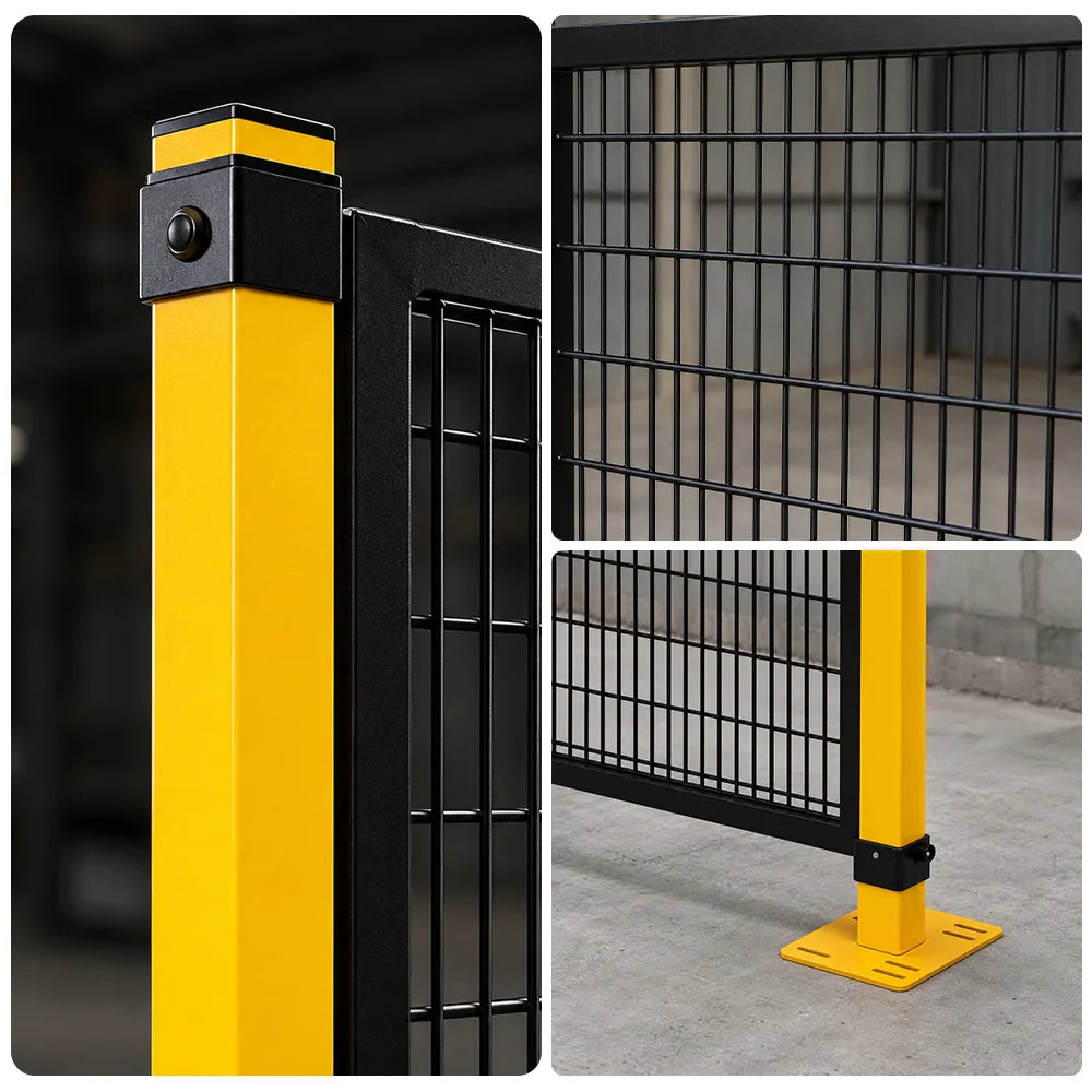 GROVIA Safety Mesh Fence 2m Height x 1.2m Width Steel Security Barrier with Yellow Posts for Factory Warehouse Partition - Black & Yellow