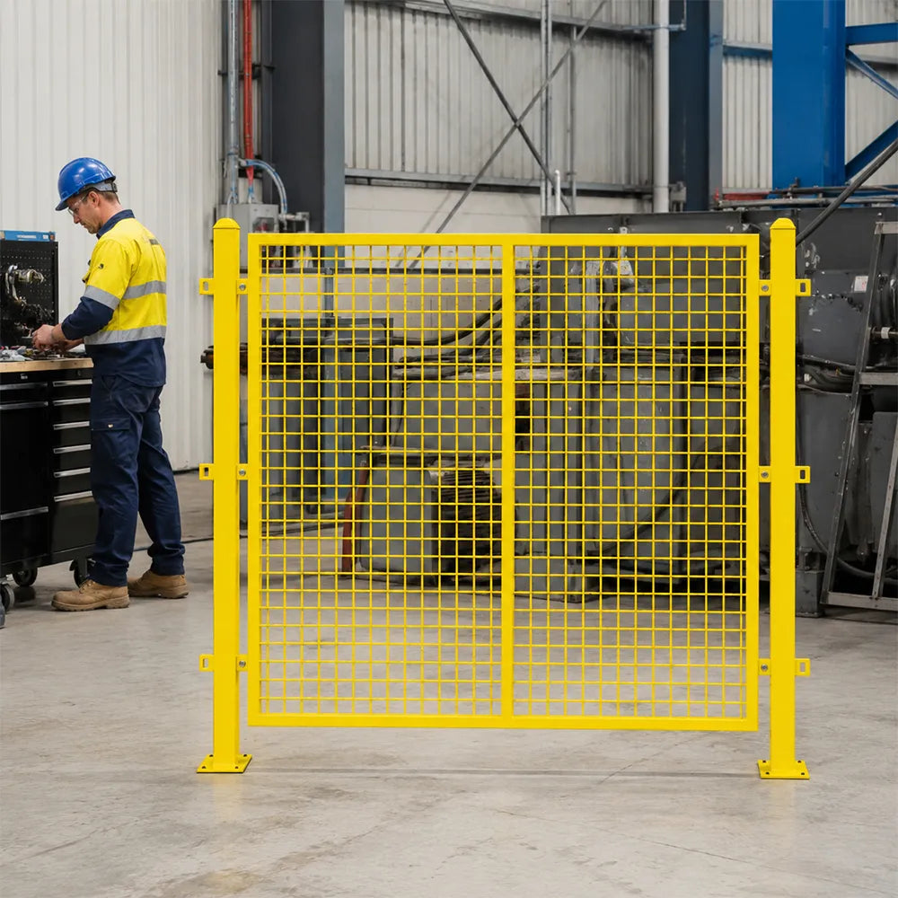 GROVIA Steel Mesh Safety Fence 1.2m Height x 2m Width Industrial Barrier Panel with Post for Factory Warehouse Partition - Yellow