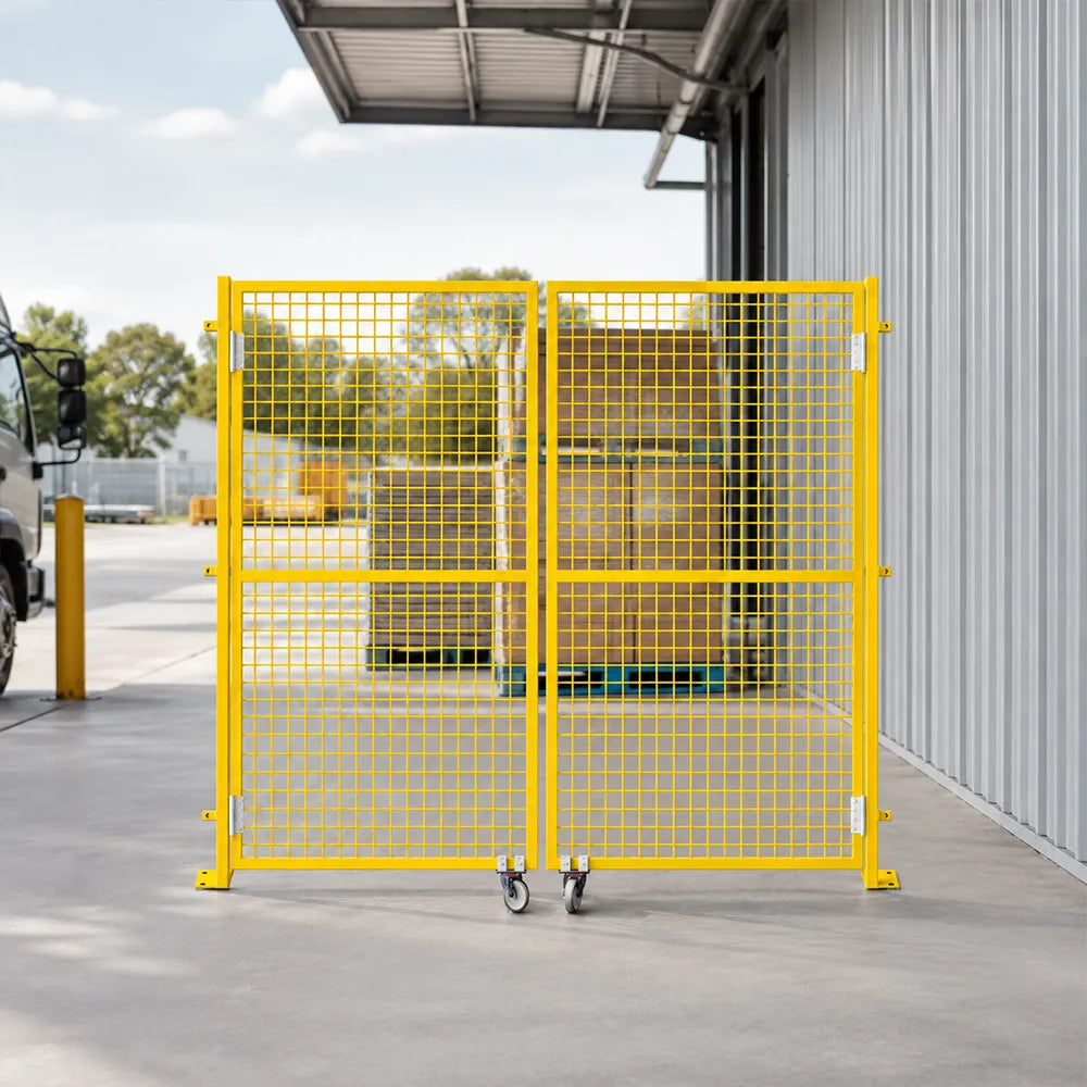 GROVIA Double Swing Mesh Safety Gate 1.5m Height x 2m Width Steel Barrier Door for Factory Warehouse Partition - Yellow