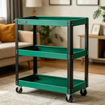 GROVIA Heavy Duty 3 Tier Tool Trolley Large Size Brake Wheels 700x355x760mm Workshop Garage Storage Cart - Green & Black