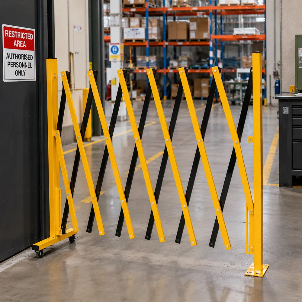 GROVIA Retractable Safety Barrier Fence 1.2m Height x 2.5m Expandable Steel Folding Gate with Cross Frame for Factory Area - Black & Yellow