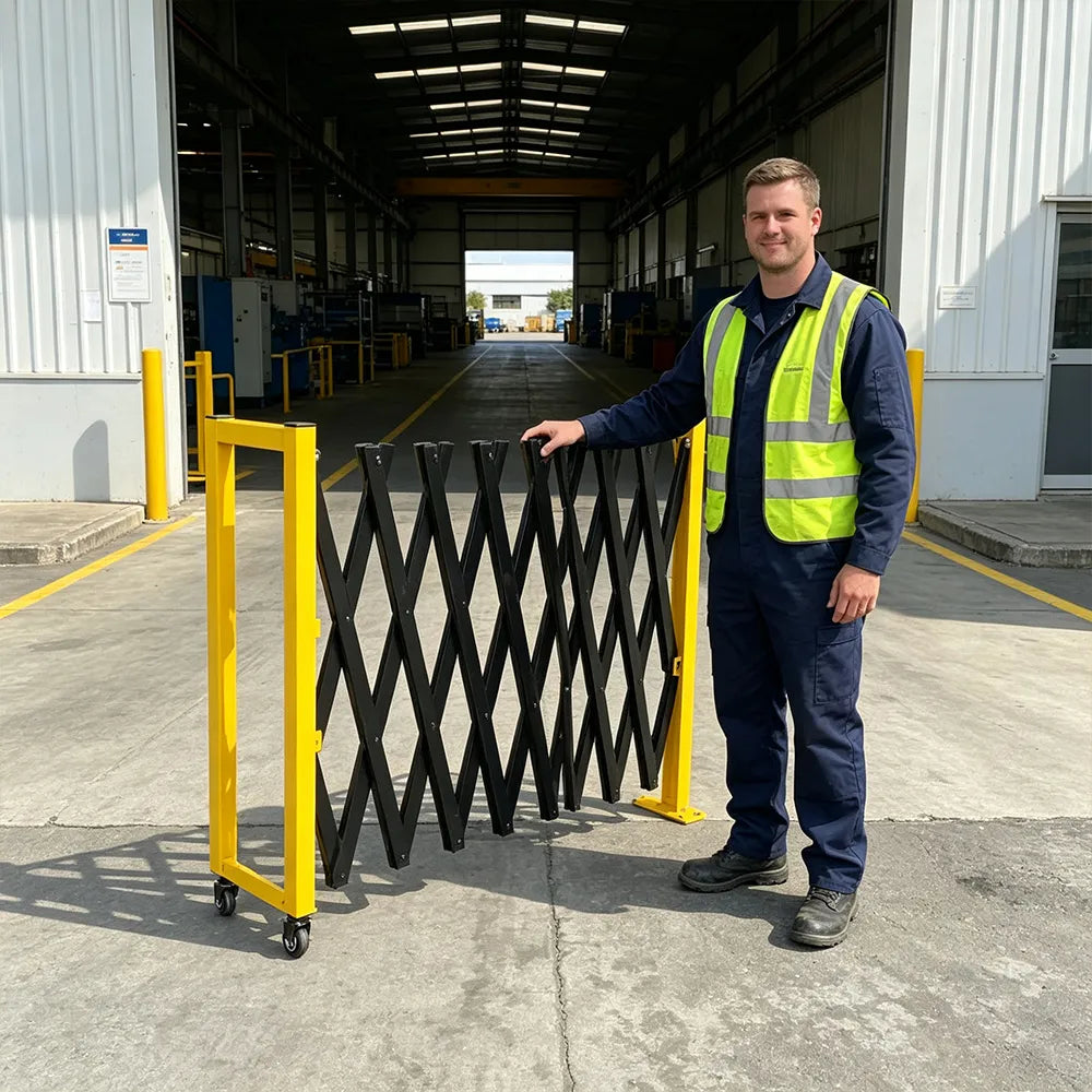 GROVIA Retractable Safety Barrier Fence 1.2m Height x 2.5m Expandable Steel Folding Gate with Warning Design for Factory Area - Black & Yellow