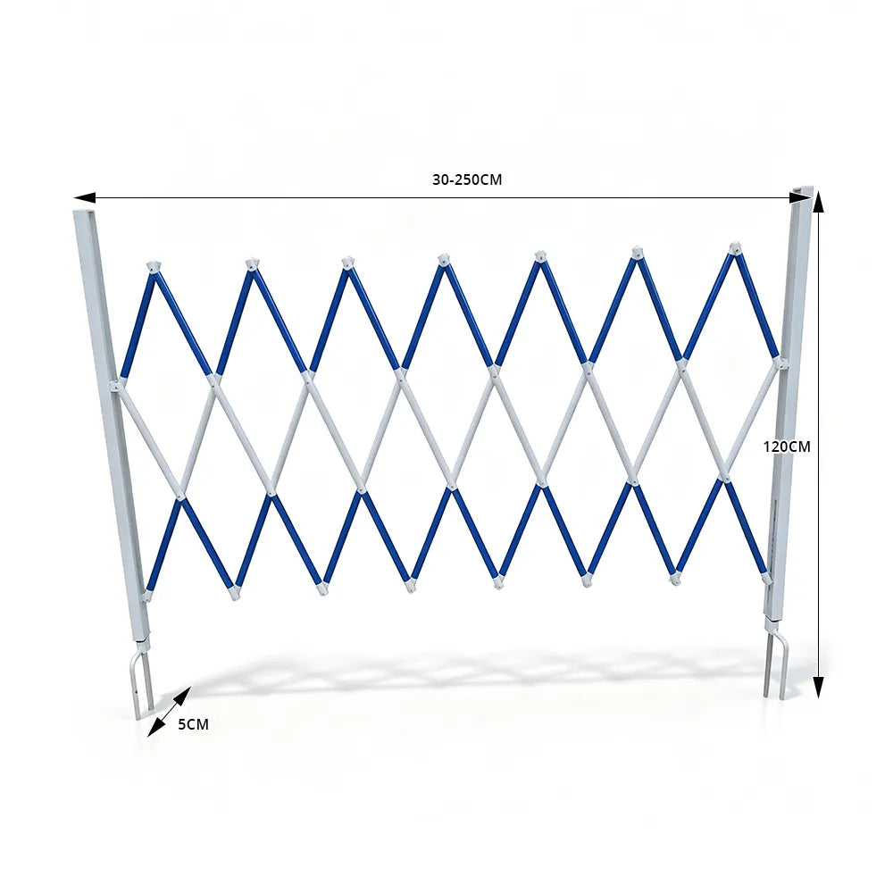 GROVIA Retractable Safety Barrier Fence 1.2m Height x 2.5m Expandable Steel Folding Gate with Warning Design for Outdoor Area - Blue & White