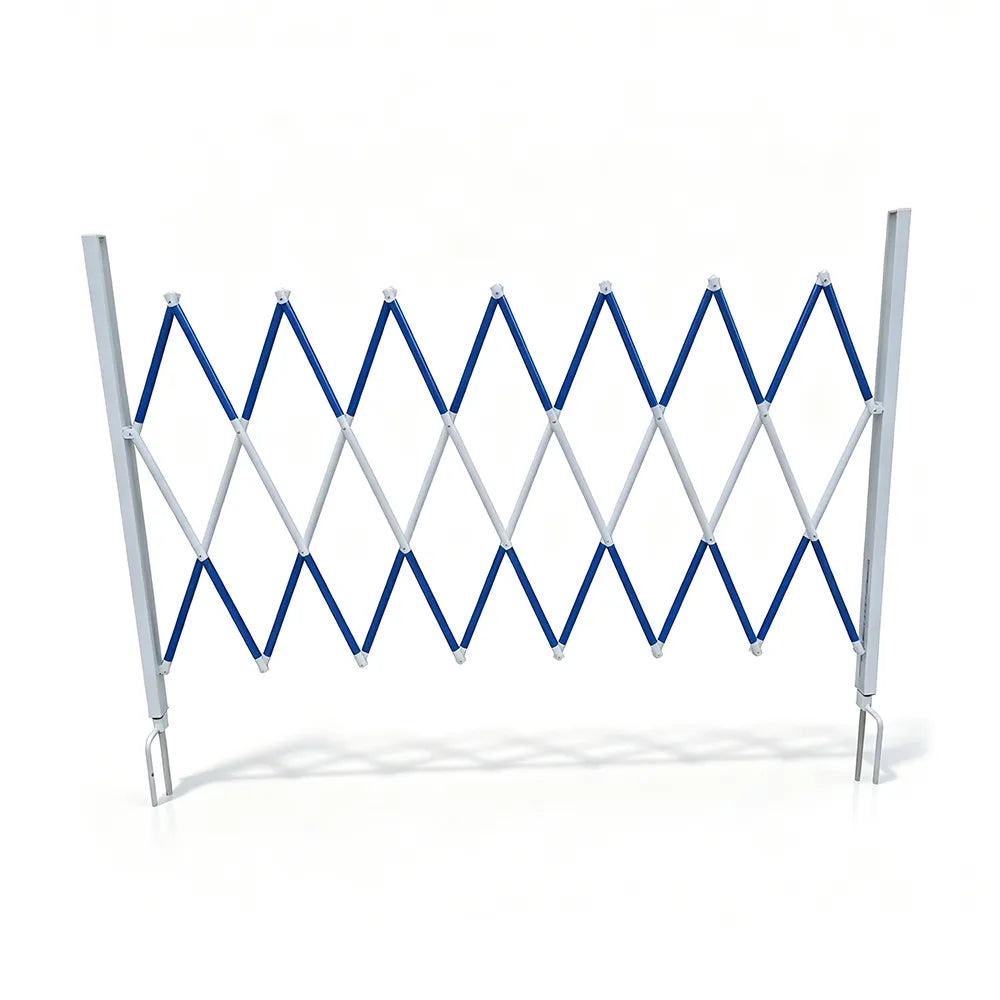 GROVIA Retractable Safety Barrier Fence 1.2m Height x 2.5m Expandable Steel Folding Gate with Warning Design for Outdoor Area - Blue & White