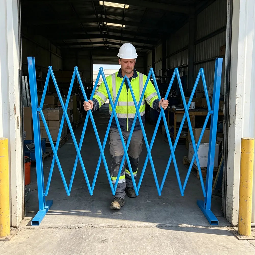 GROVIA Retractable Safety Barrier Fence 1.2m Height x 2.5m Expandable Steel Folding Gate for Factory Construction Area - Blue