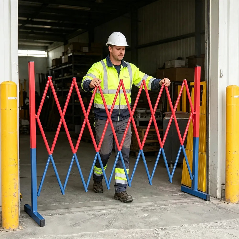 GROVIA Retractable Safety Barrier Fence 1.2m Height x 2.5m Expandable Steel Folding Gate with Warning Design for Factory Area - Red & Blue