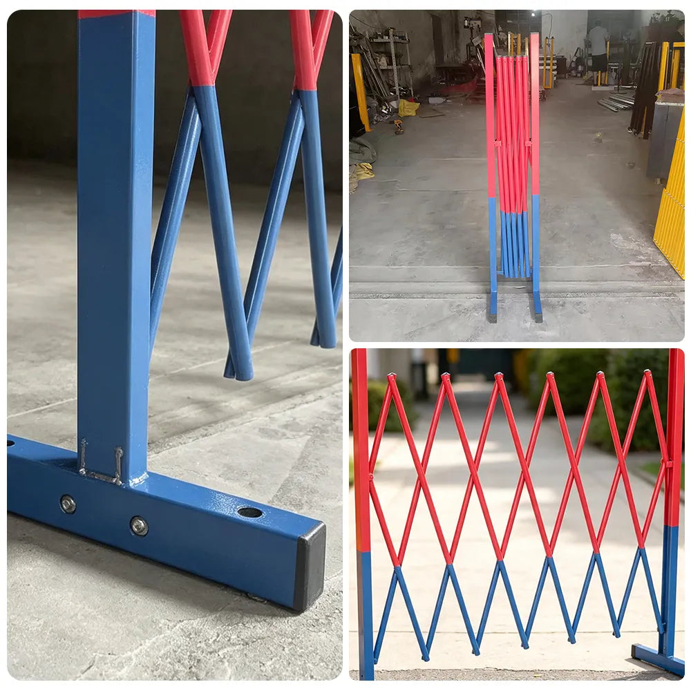 GROVIA Retractable Safety Barrier Fence 1.2m Height x 2.5m Expandable Steel Folding Gate with Warning Design for Factory Area - Red & Blue