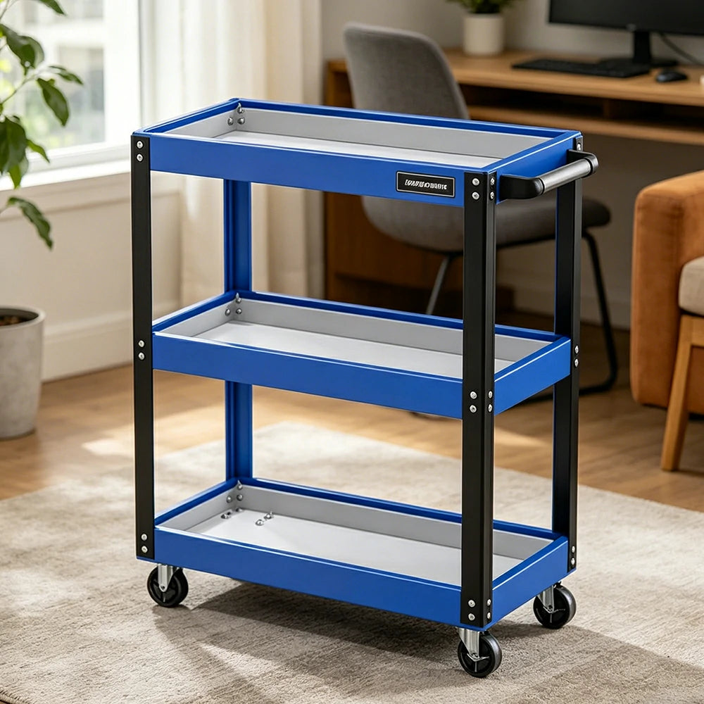 GROVIA Heavy Duty 3 Tier Tool Trolley Large Size Brake Wheels 700x355x760mm Workshop Garage Storage Cart - Blue & White