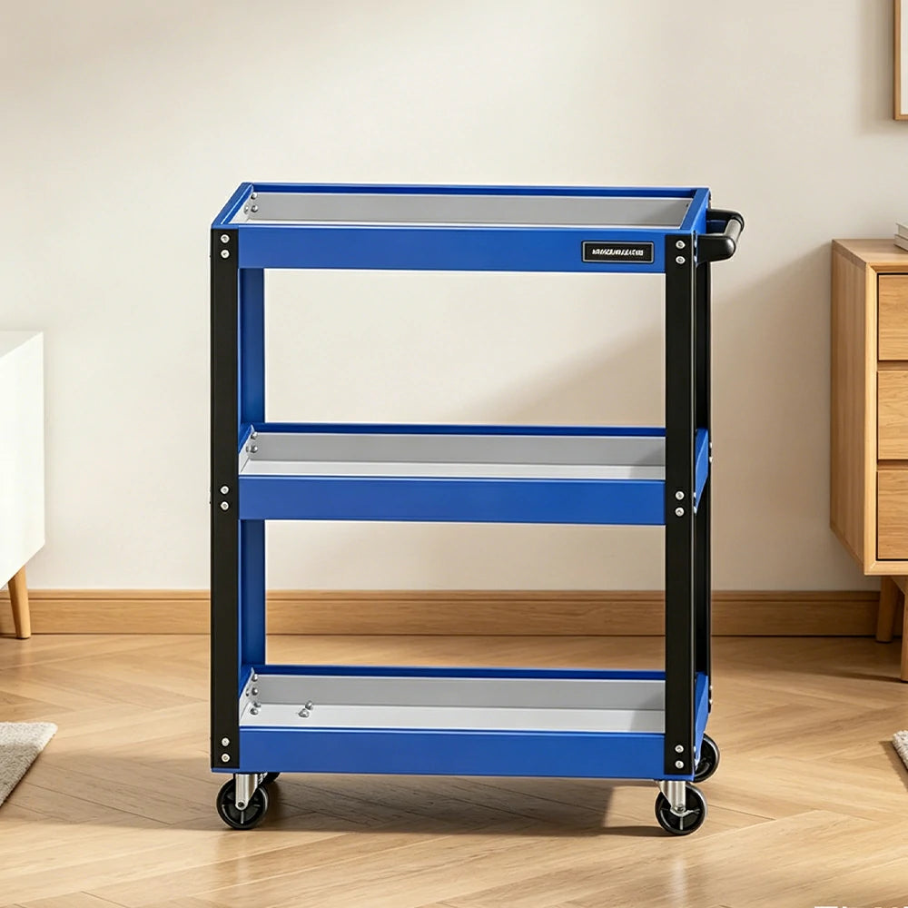 GROVIA Heavy Duty 3 Tier Tool Trolley Large Size Brake Wheels 700x355x760mm Workshop Garage Storage Cart - Blue & White
