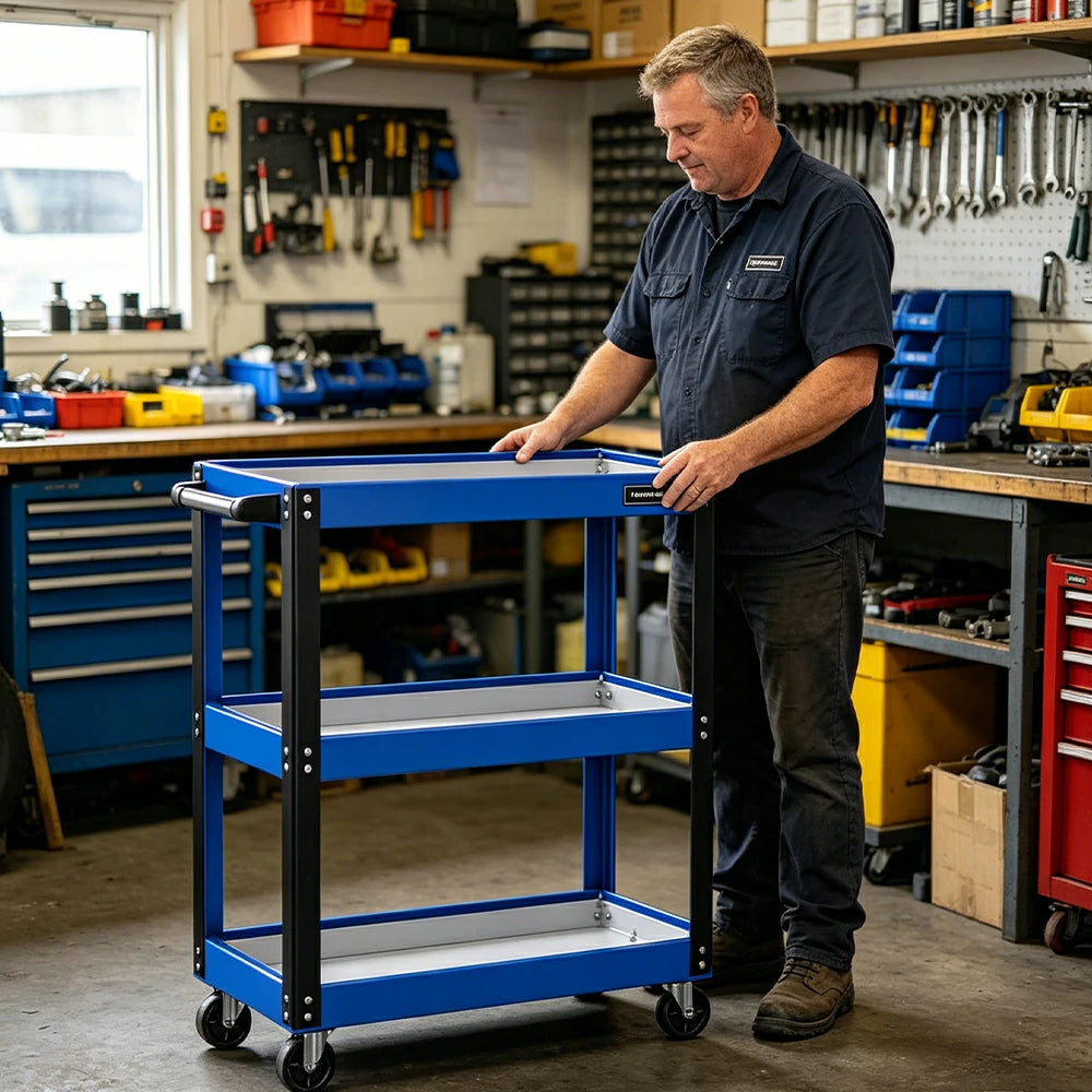 GROVIA Heavy Duty 3 Tier Tool Trolley Large Size Brake Wheels 700x355x760mm Workshop Garage Storage Cart - Blue & White