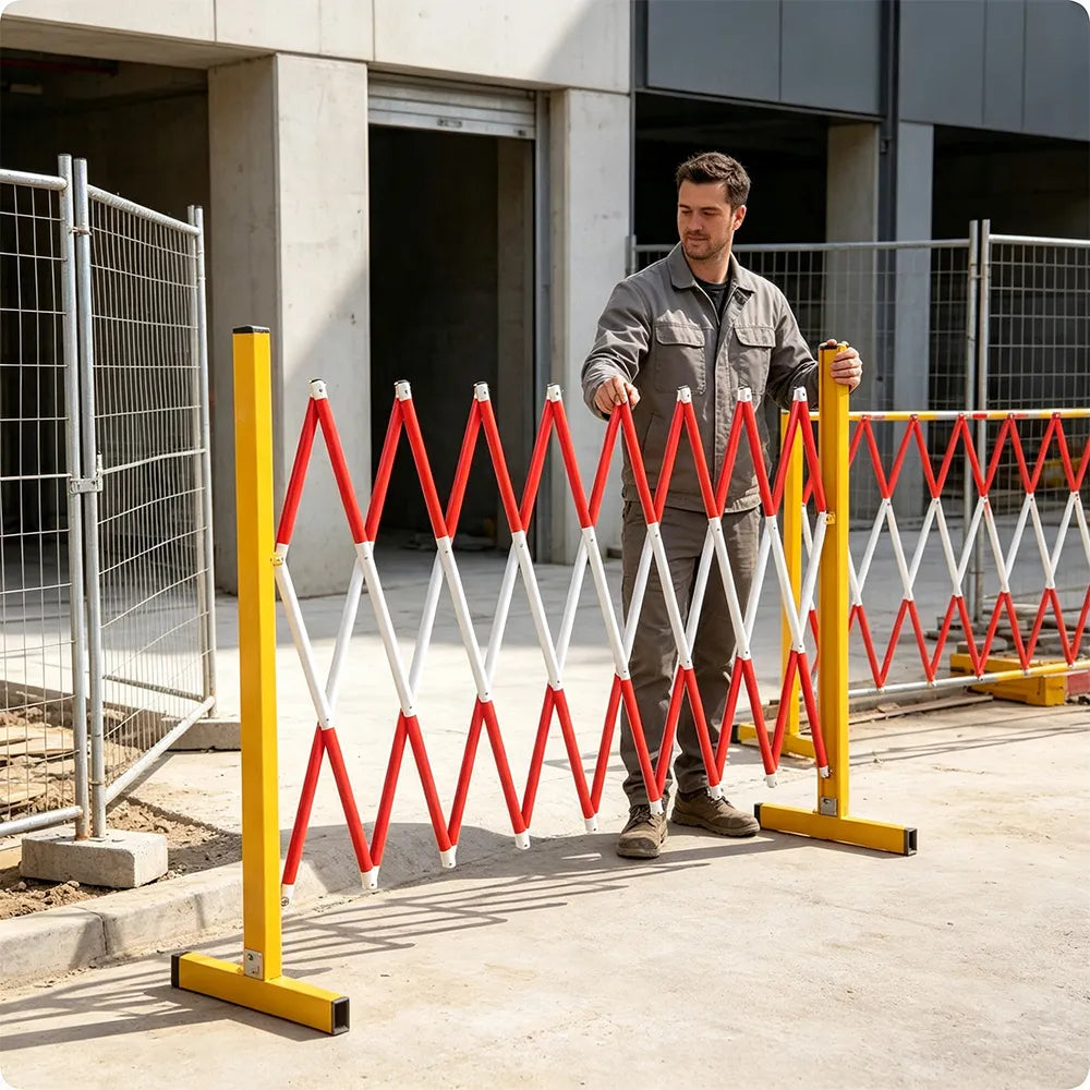 GROVIA Retractable Safety Barrier Fence 1.2m Height x 2.5m Expandable Steel Folding Gate with Warning Design for Outdoor Area - Yellow & Red