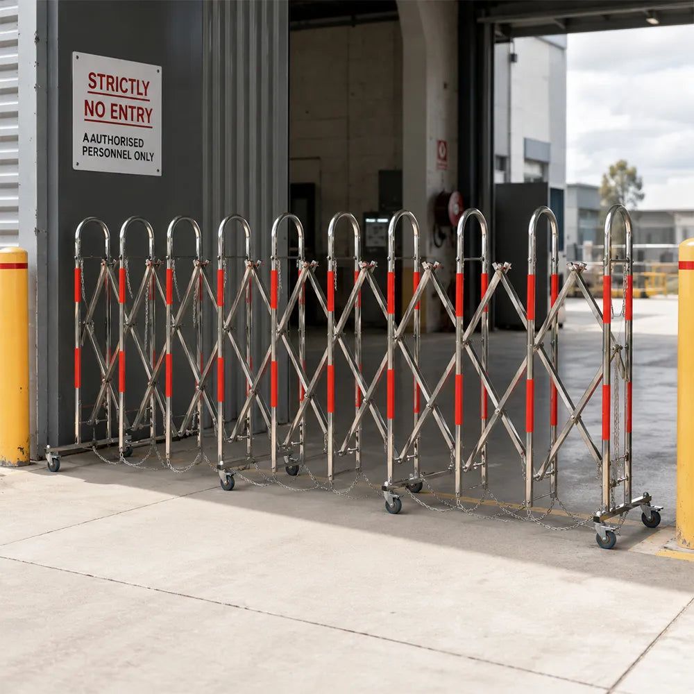GROVIA Stainless Steel Retractable Safety Barrier 1.1m Height x 3m/5m Length Mobile Crowd Control Fence with Wheels - Red Silver