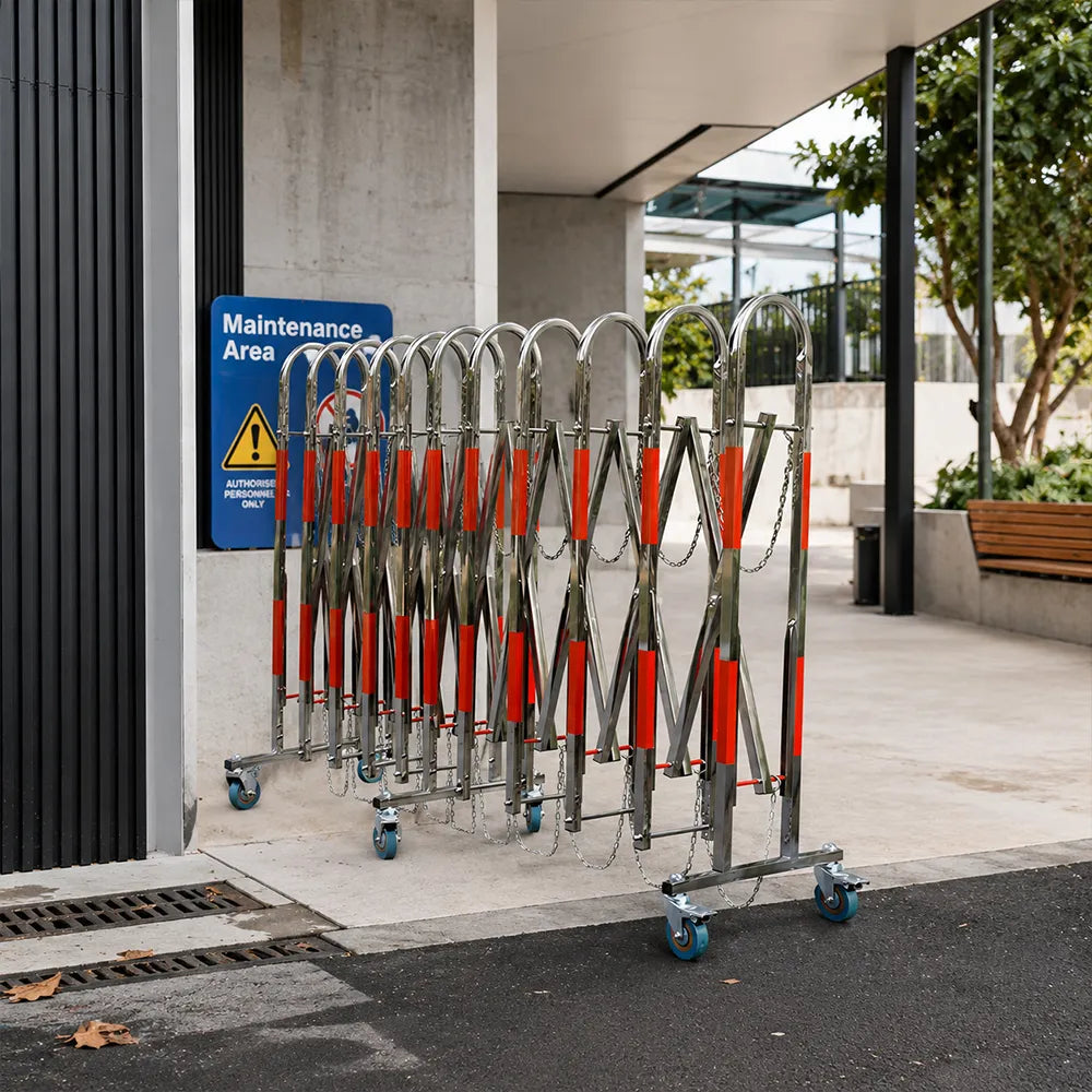 GROVIA Stainless Steel Retractable Safety Barrier 1.1m Height x 3m/5m Length Mobile Crowd Control Fence with Wheels - Red Silver
