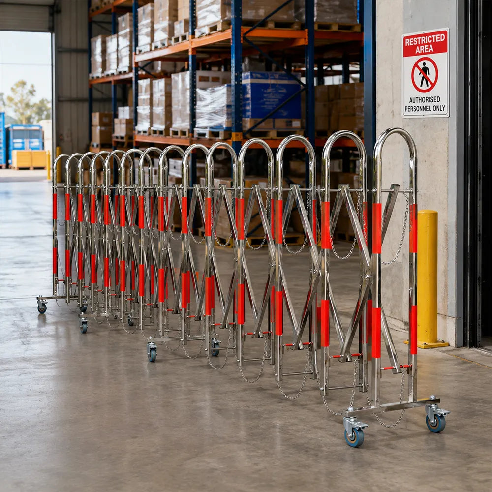 GROVIA Stainless Steel Retractable Safety Barrier 1.1m Height x 3m/5m Length Mobile Crowd Control Fence with Wheels - Red Silver