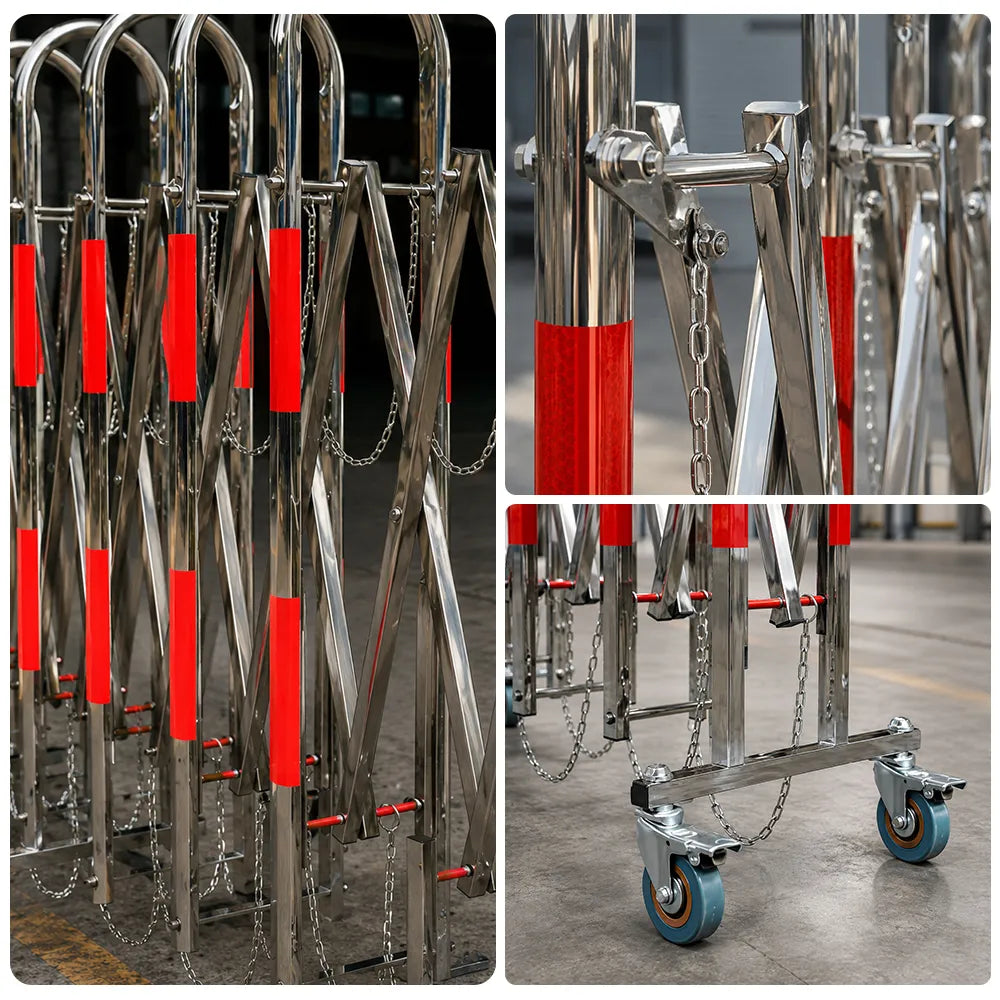 GROVIA Stainless Steel Retractable Safety Barrier 1.1m Height x 3m/5m Length Mobile Crowd Control Fence with Wheels - Red Silver