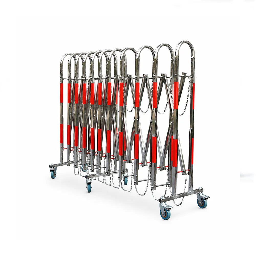 GROVIA Stainless Steel Retractable Safety Barrier 1.1m Height x 3m/5m Length Mobile Crowd Control Fence with Wheels - Red Silver
